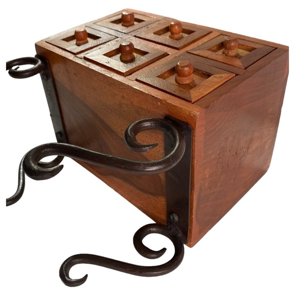 Balinese Wooden Jewelry Box Has 6 Distinct Pull Out Drawers on Wrought Iron Legs - Picture 7 of 16